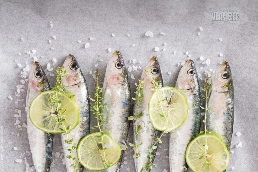 Zes verse sardines op een rij, gegarneerd met plakjes limoen en takjes tijm, omringd door grove zeezoutkorrels op een grijze ondergrond.