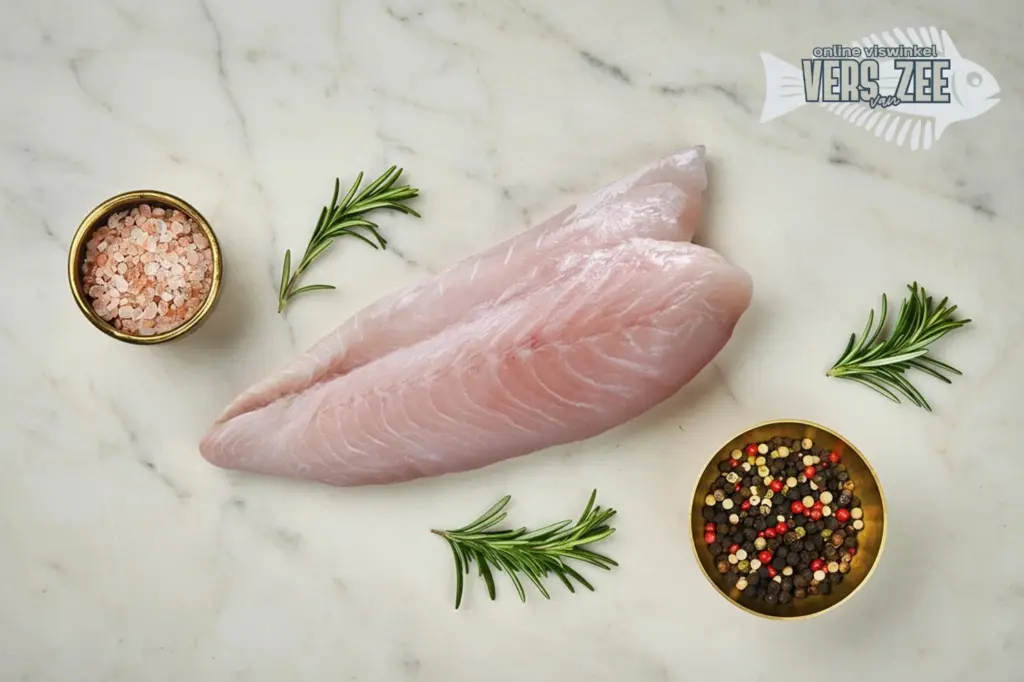 Twee rauwe witvisfilets op marmeren ondergrond met roze zout, peperkorrels en verse takjes rozemarijn.