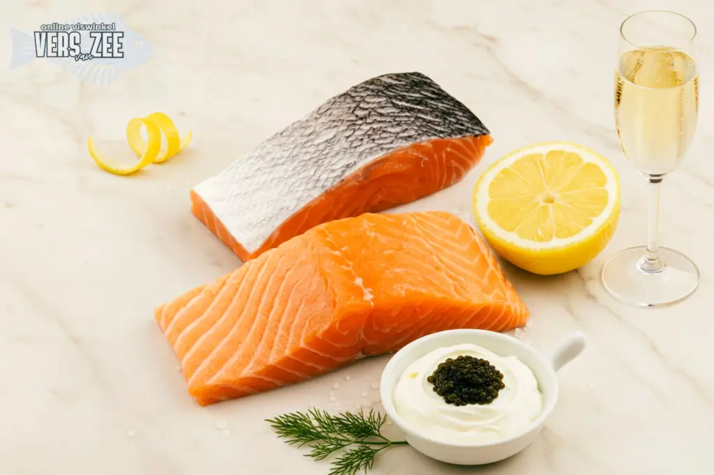 Zalm, citroen, crème, champagne, caviar