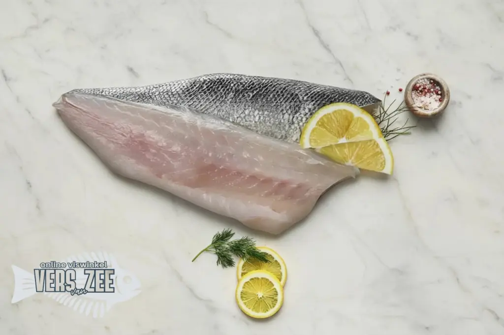 Zee baarsfilet met zilveren huid, citroenpartjes, dille en roze zout op een lichte marmeren ondergrond.