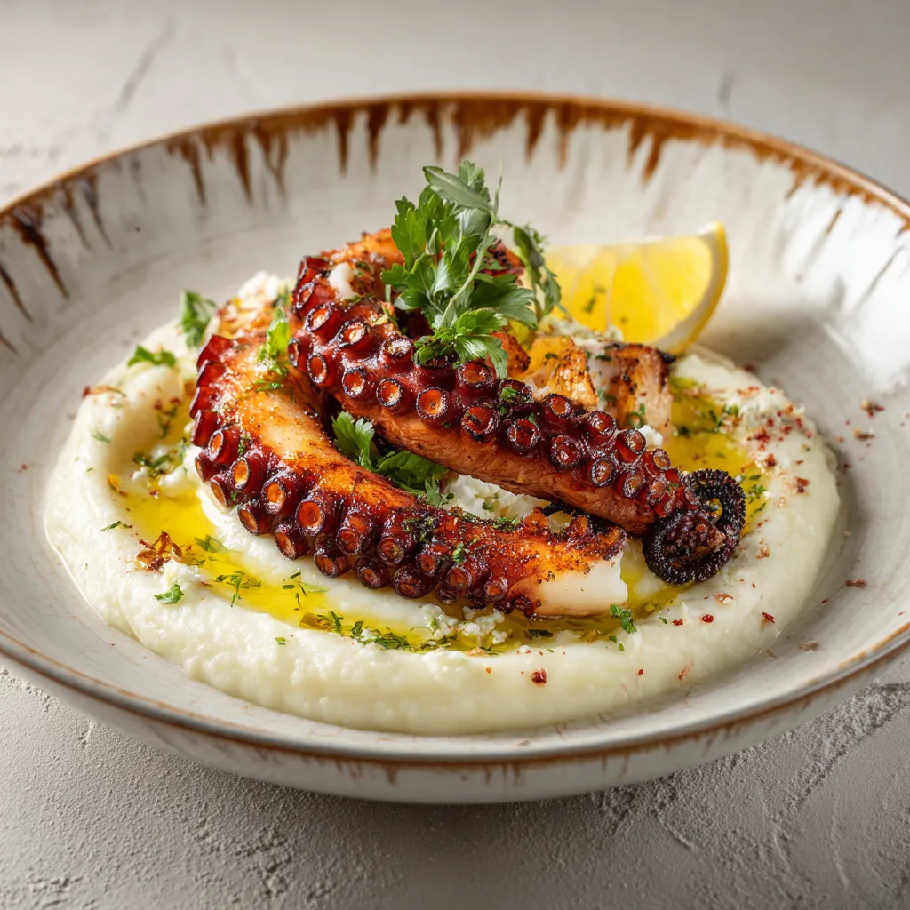 Gegrilde octopusarmen met verse kruiden en citroen op romige puree, geserveerd op een rustic bord met olijfolie.