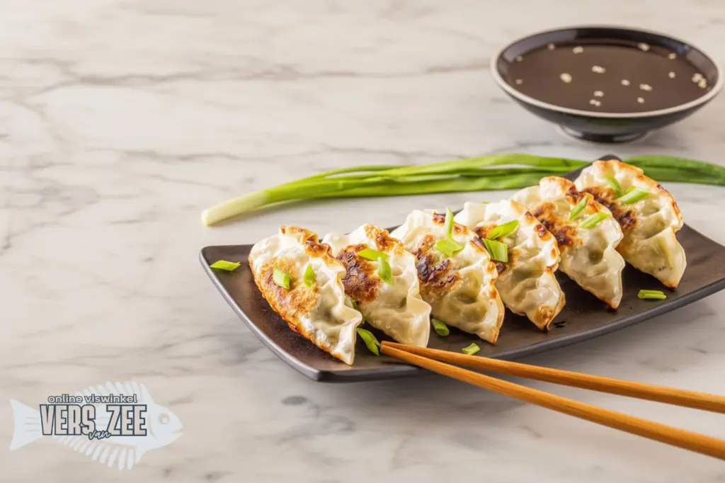 Gebakken gyoza (Japanse dumplings) gegarneerd met bosui op een rechthoekig bord, met eetstokjes, groene ui en een kommetje sojasaus op een lichte marmeren ondergrond.