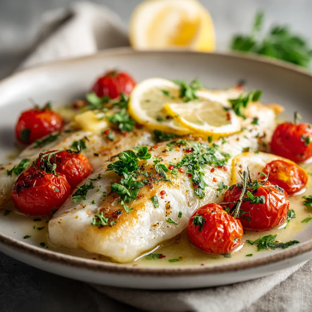 Gebakken witte visfilet op bord, geserveerd met citroen, kerstomaten, peterselie en kruidige boter op een neutrale achtergrond.