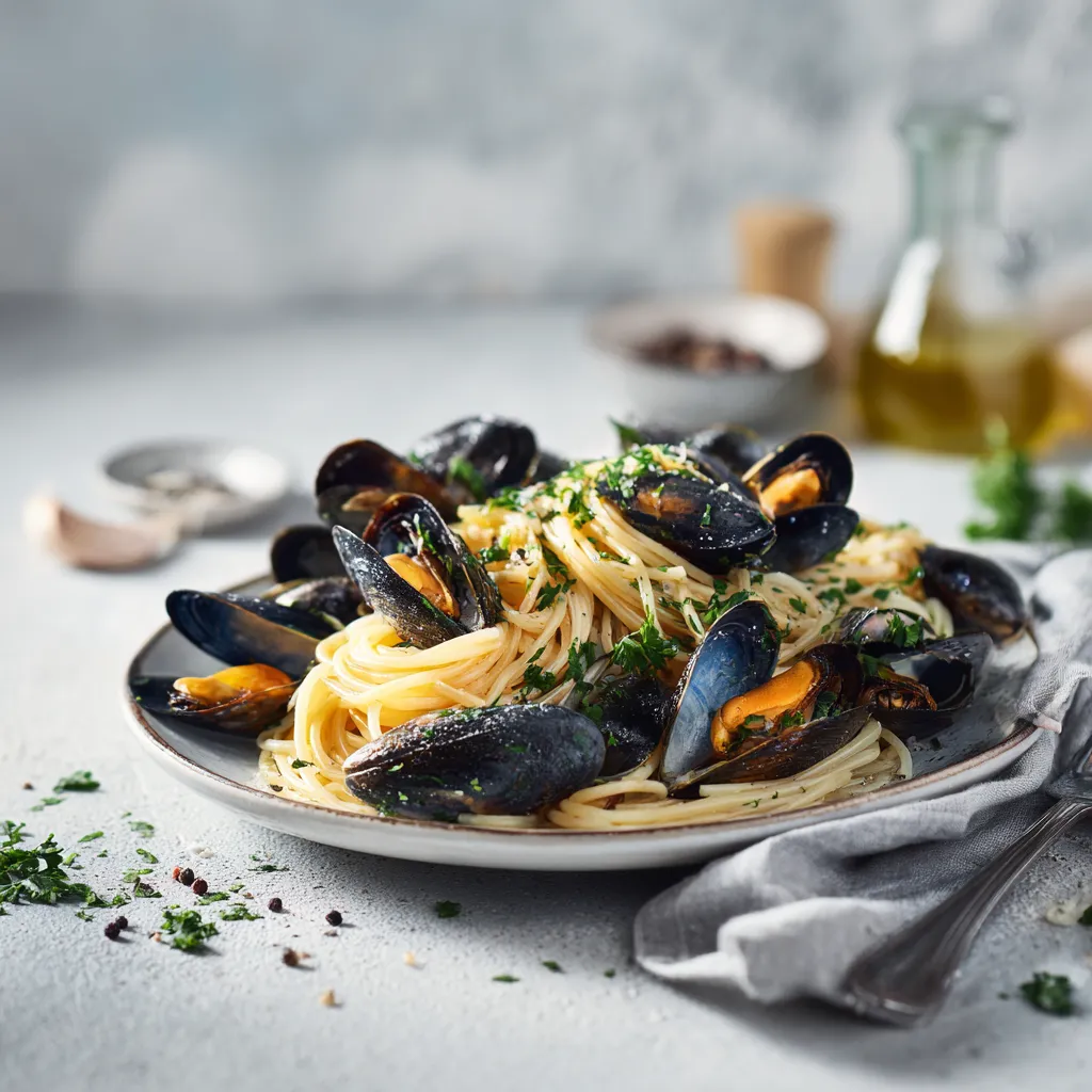Spaghetti met zwarte mosselen, gehakte peterselie en olijfolie op een bord, geserveerd op een lichte achtergrond met bestek.