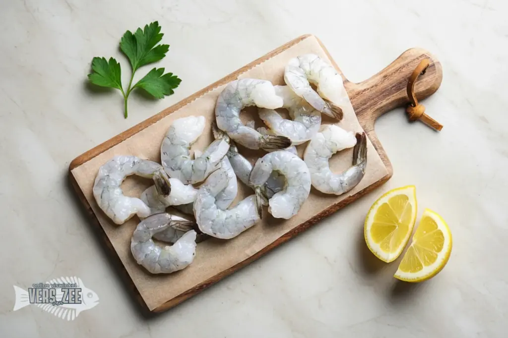 Rauwe garnalen op houten plank met bakpapier, peterselie en twee partjes citroen op een lichte achtergrond.