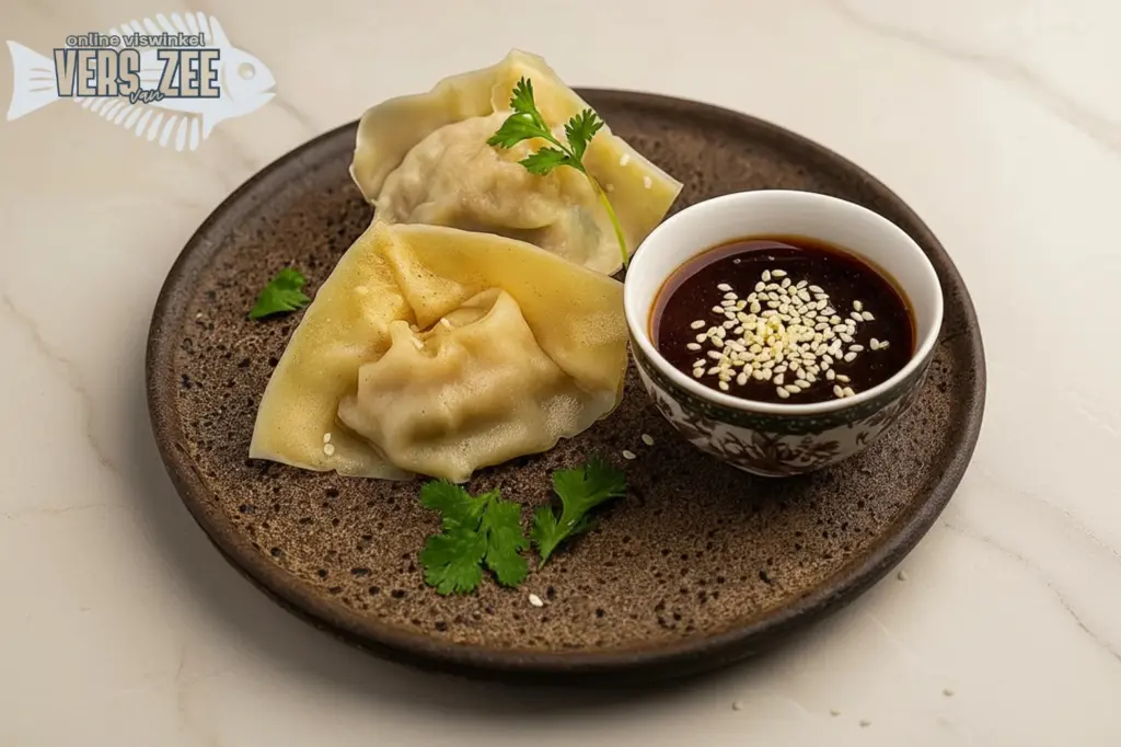 Twee wontons op bruin bord met sojasaus, sesamzaadjes en verse koriander op een lichte achtergrond.