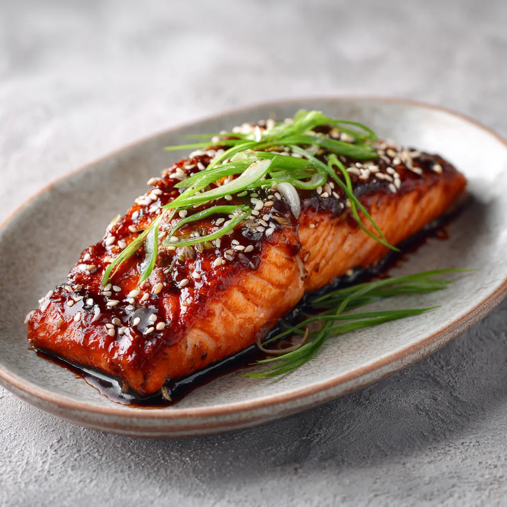 Geroosterde zalmfilet met donkere sojaglazuur, sesamzaad en dunne bosui, geserveerd op een ovaal bord op grijze ondergrond.