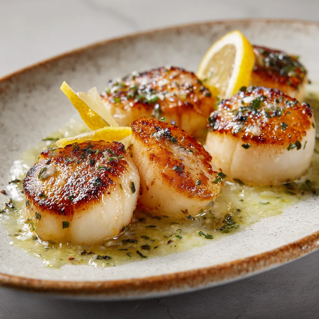 Vier geroosterde coquilles met frisse citroenpartjes in kruidenboter saus, geserveerd op een aardewerken schaal.