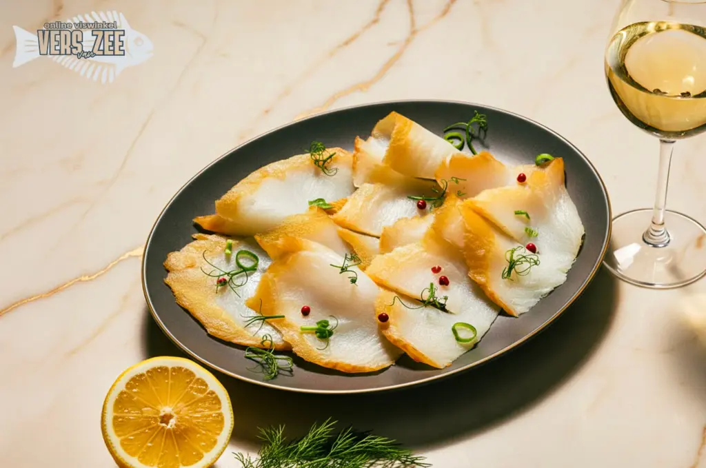 Dunne plakjes gerookte heilbot met garnituur