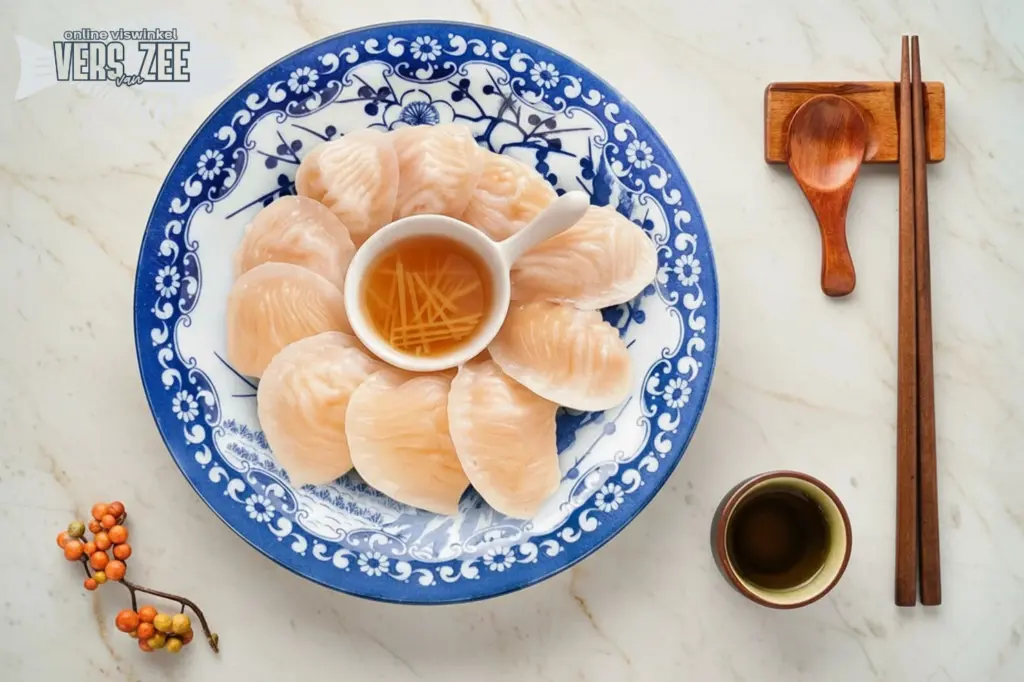 Dicht opgemaakte schaal met gestoomde dumplings, een kommetje gember-sojasaus in het midden, blauwe randdecoratie, houten chopsticks, lepel en kopje saké ernaast op marmeren ondergrond.