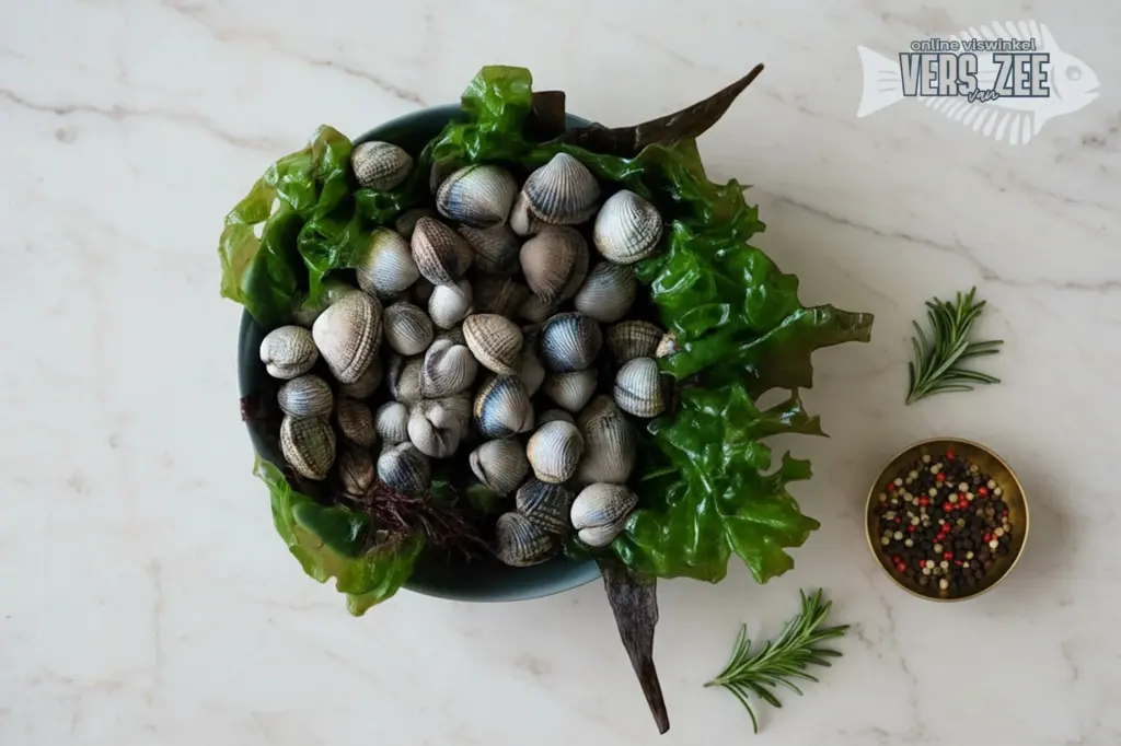 Verse kokkels liggen in een schaal op groene wieren, met wat rozemarijn en een bakje gekleurde peperkorrels, gepresenteerd op marmeren ondergrond.