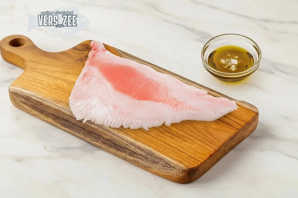 Rauwe vleugel van rog ligt op een houten plank met een schaaltje olijfolie ernaast, op witte marmeren ondergrond.