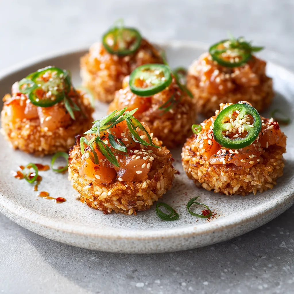 Gefrituurde sushi rice bites met pittare tartaar van zalm, sesamzaadjes, bosui en groene peper op ronde