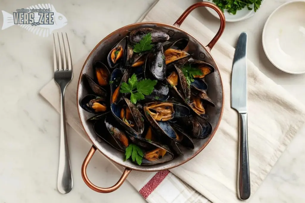 Zwarte mosselen geserveerd in een koperen pan, met verse peterselie, op een wit servet, omgeven door een vork, mes en lege borden op een lichte marmeren ondergrond.