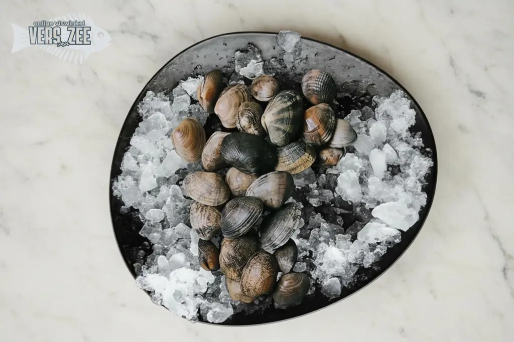 Verschillende rauwe schelpen liggen op crushed ijs op een zwarte schaal, gepresenteerd op lichte marmeren onder