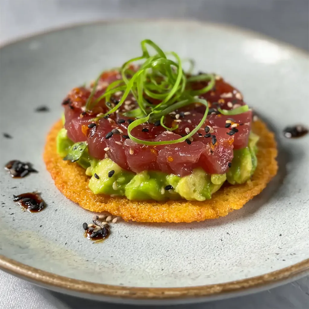 Tartaar met tonijn, avocado, sesam, sojadressing en bosui op krokante bodem, geserveerd op grijs bord.